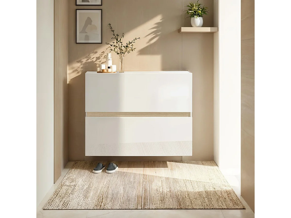 Meuble à chaussures 2 portes abattantes laqué blanc et décor bandeau aspect bois - EDEN