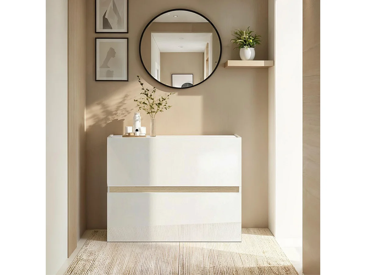 Meuble à chaussures 2 portes abattantes laqué blanc et décor bandeau aspect bois - EDEN