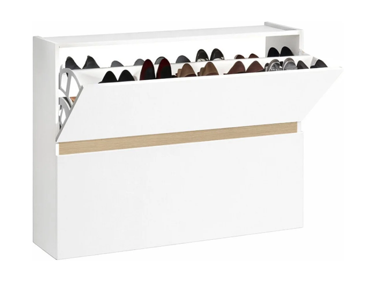 Meuble à chaussures 2 portes abattantes laqué blanc et décor bandeau aspect bois - EDEN