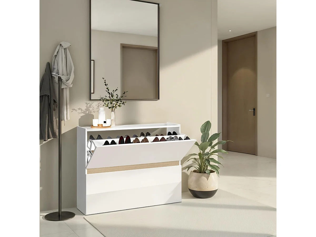 Meuble à chaussures 2 portes abattantes laqué blanc et décor bandeau aspect bois - EDEN