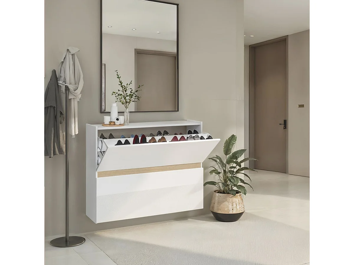 Meuble à chaussures 2 portes abattantes laqué blanc et décor bandeau aspect bois - EDEN