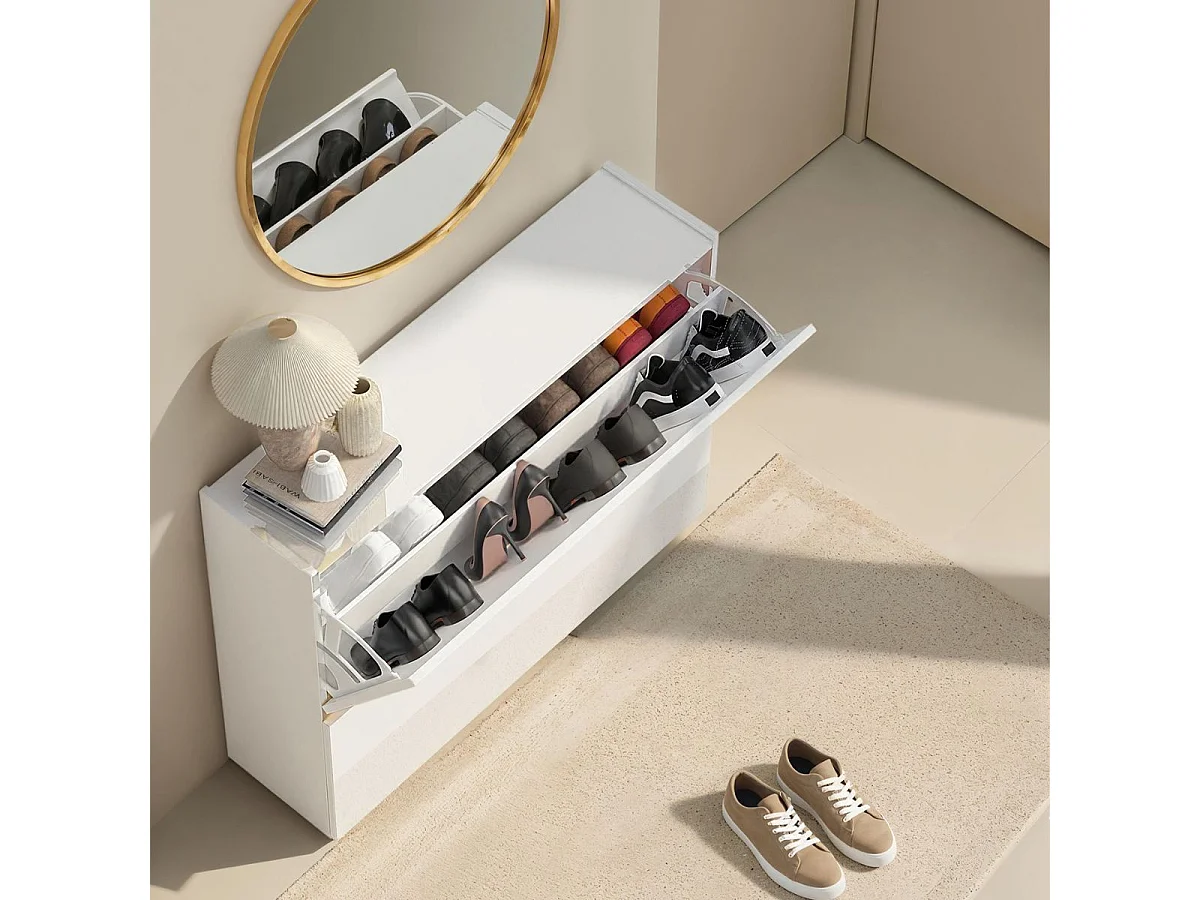 Meuble à chaussures 2 portes abattantes laqué blanc et décor bandeau aspect bois - EDEN