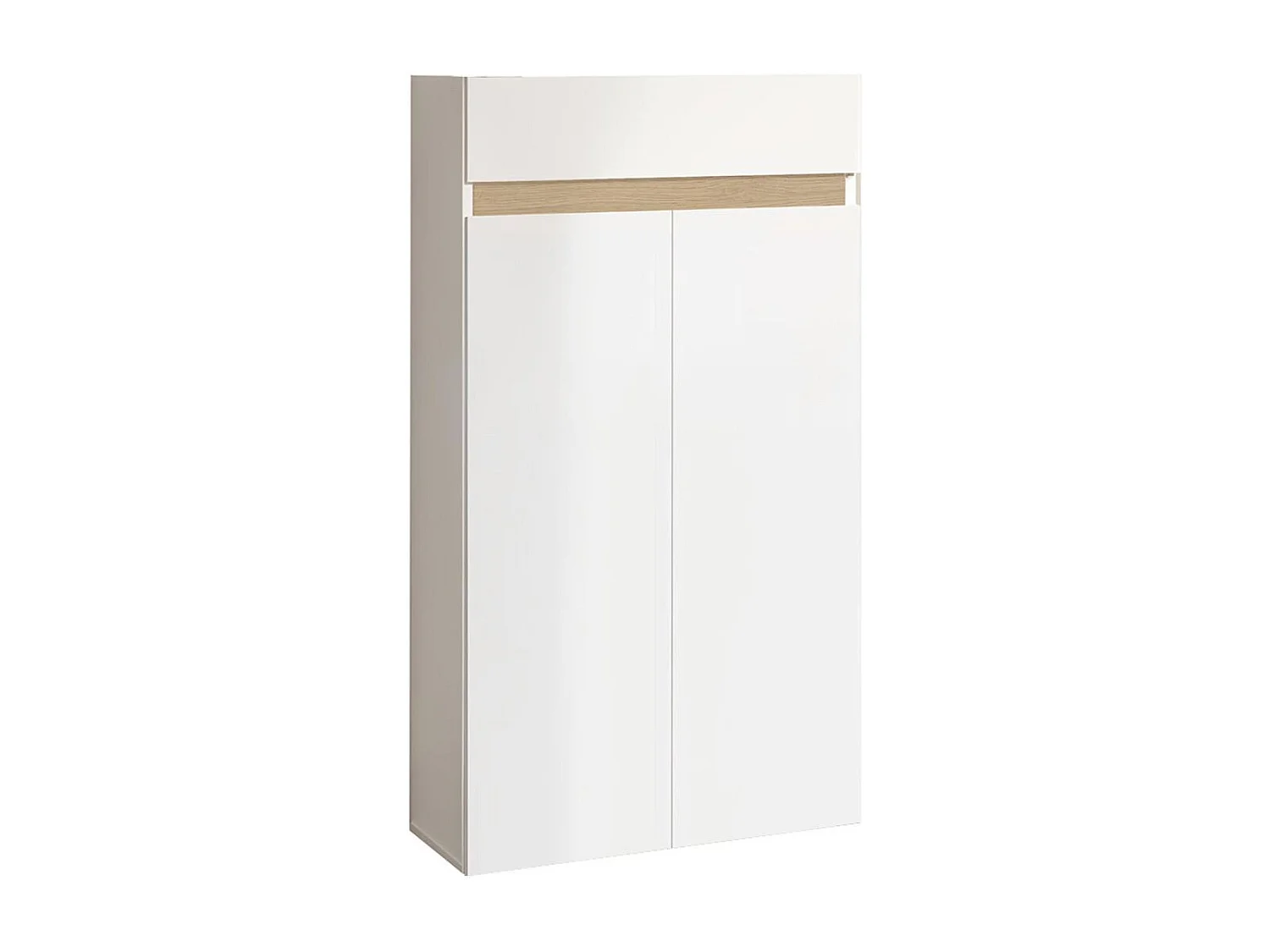 Meuble à chaussures 2 portes et 1 tiroir laqué blanc et décor bandeau aspect bois - EDEN