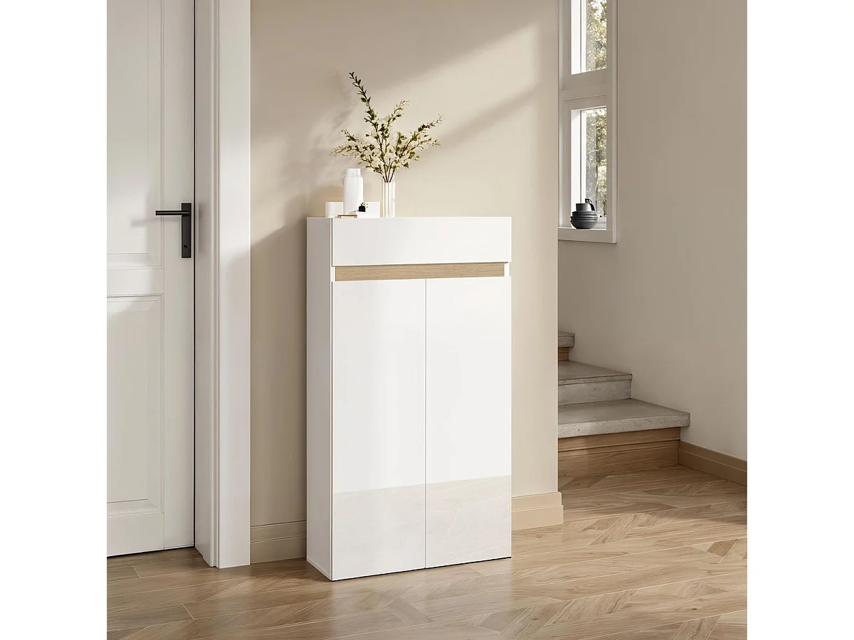 Meuble à chaussures 2 portes et 1 tiroir laqué blanc et décor bandeau aspect bois - EDEN