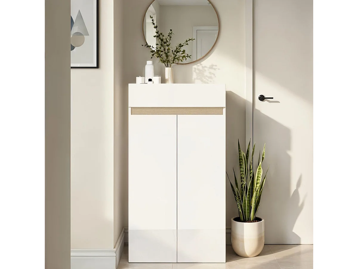 Meuble à chaussures 2 portes et 1 tiroir laqué blanc et décor bandeau aspect bois - EDEN