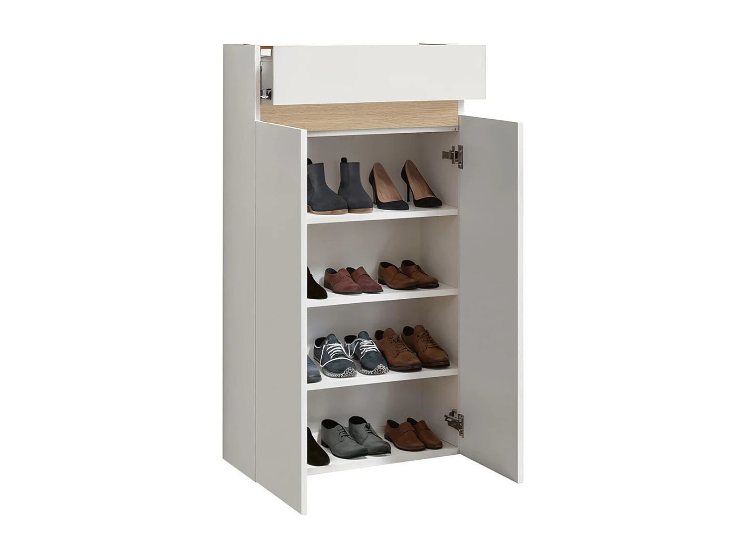 Meuble à chaussures 2 portes et 1 tiroir laqué blanc et décor bandeau aspect bois - EDEN
