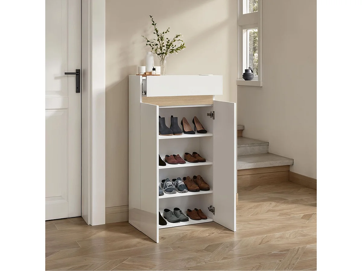 Meuble à chaussures 2 portes et 1 tiroir laqué blanc et décor bandeau aspect bois - EDEN
