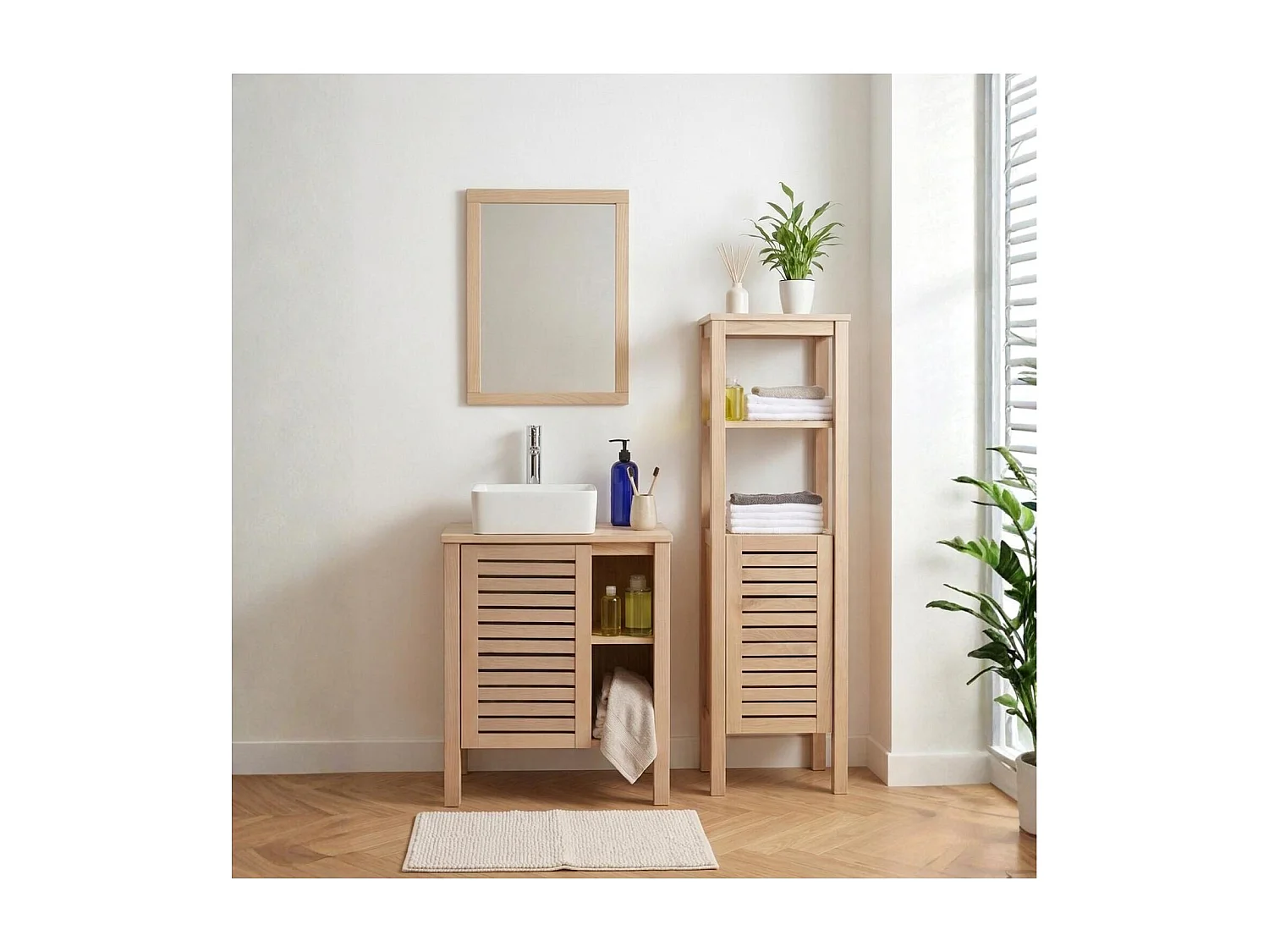 Conjunto 60cm carvalho: lavatório, torneira, espelho e coluna