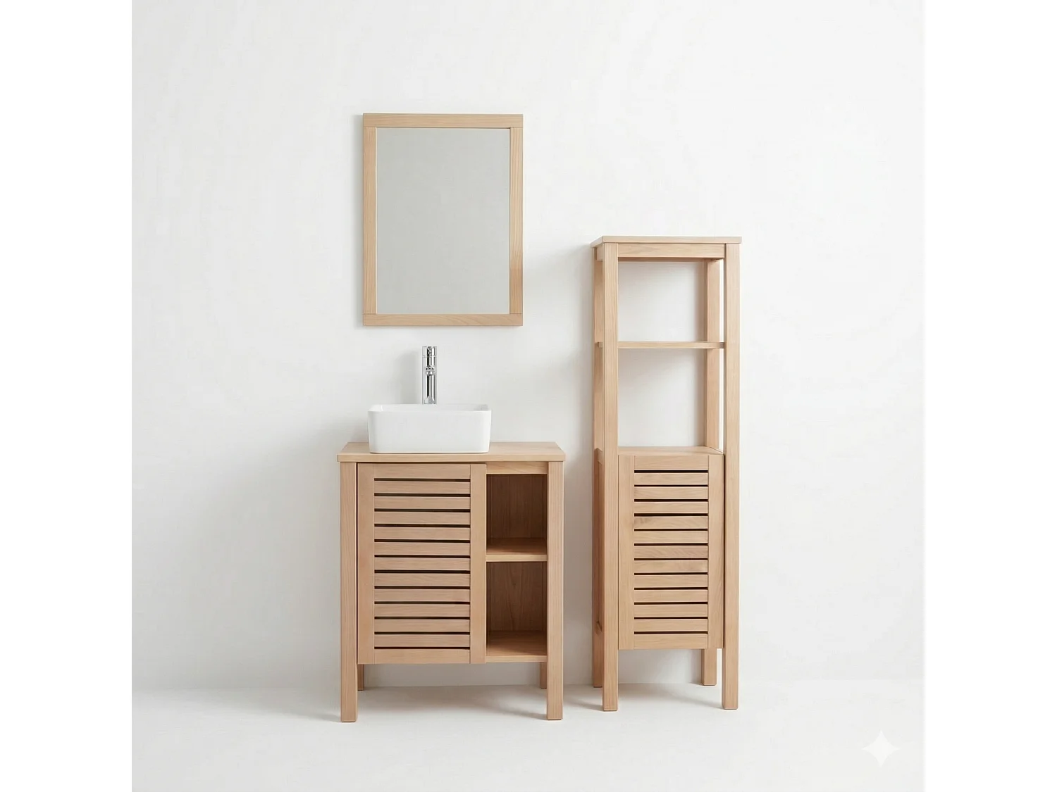 Conjunto 60cm carvalho: lavatório, torneira, espelho e coluna