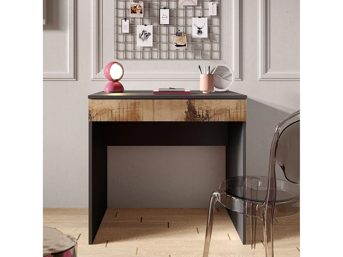 Bureau 78 cm avec un tiroir noir graphite et aspect bois antique - SYNERGIE