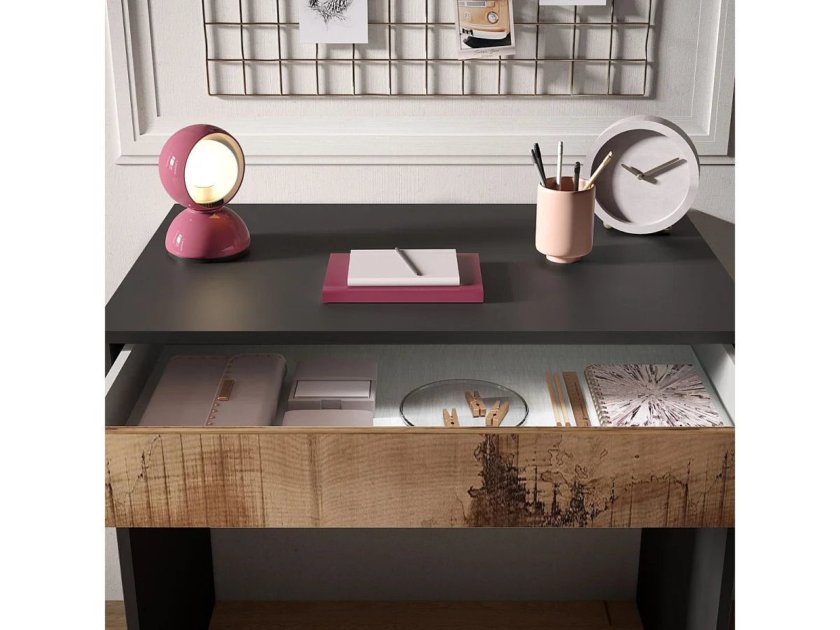 Bureau 78 cm avec un tiroir noir graphite et aspect bois antique - SYNERGIE