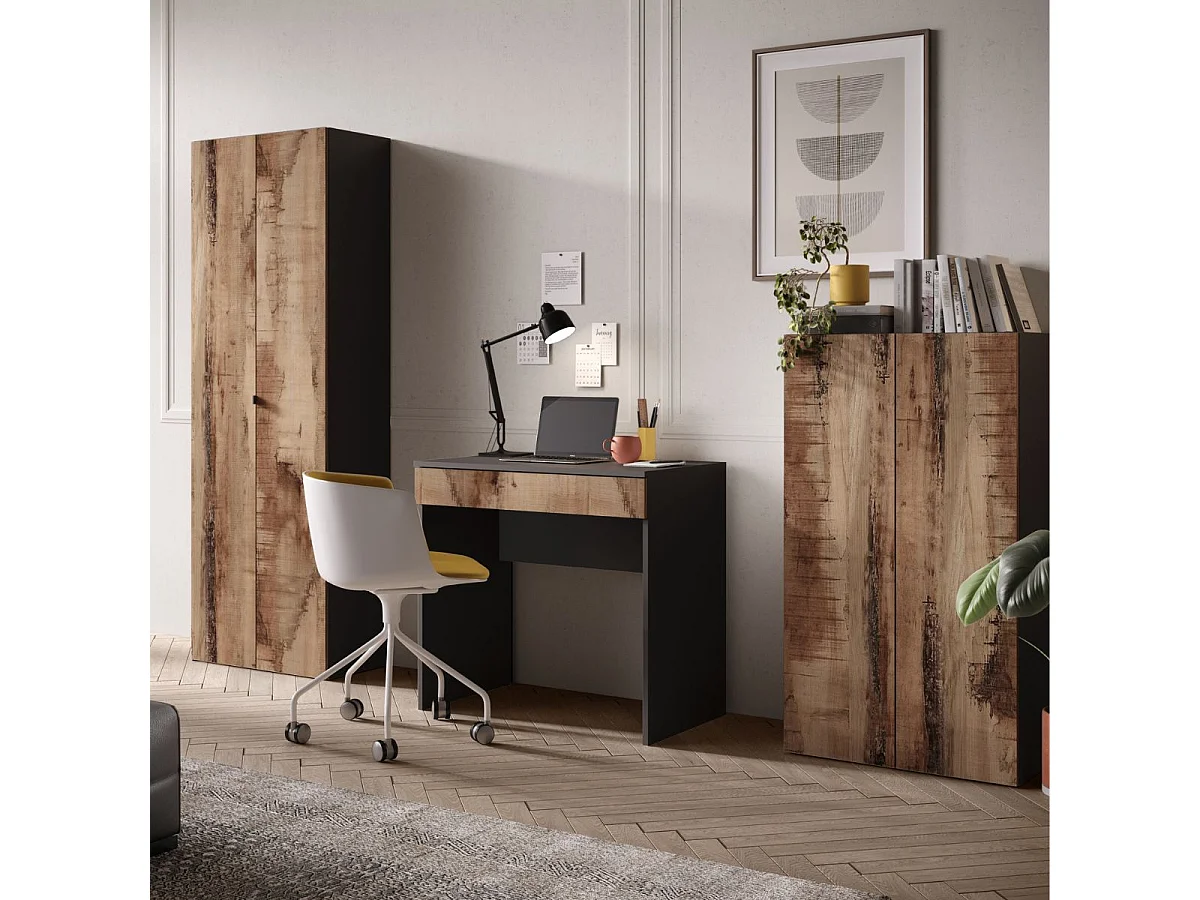 Bureau 78 cm avec un tiroir noir graphite et aspect bois antique - SYNERGIE