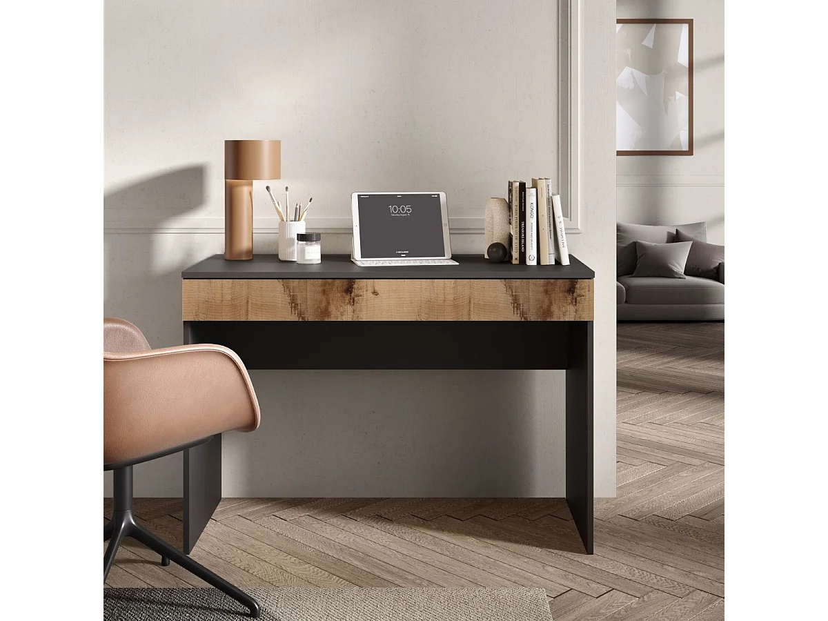 Bureau 110 cm avec un tiroir noir graphite et aspect bois antique - SYNERGIE