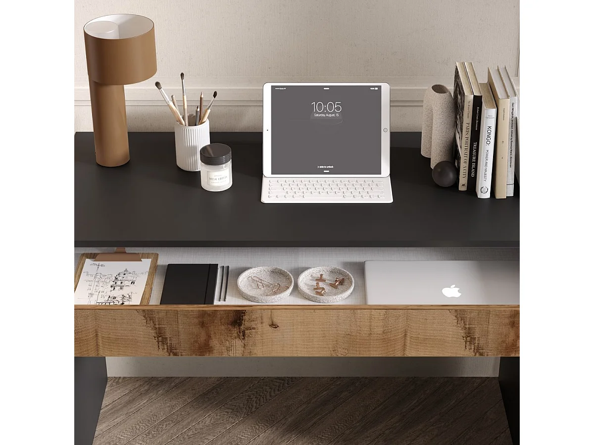 Bureau 110 cm avec un tiroir noir graphite et aspect bois antique - SYNERGIE