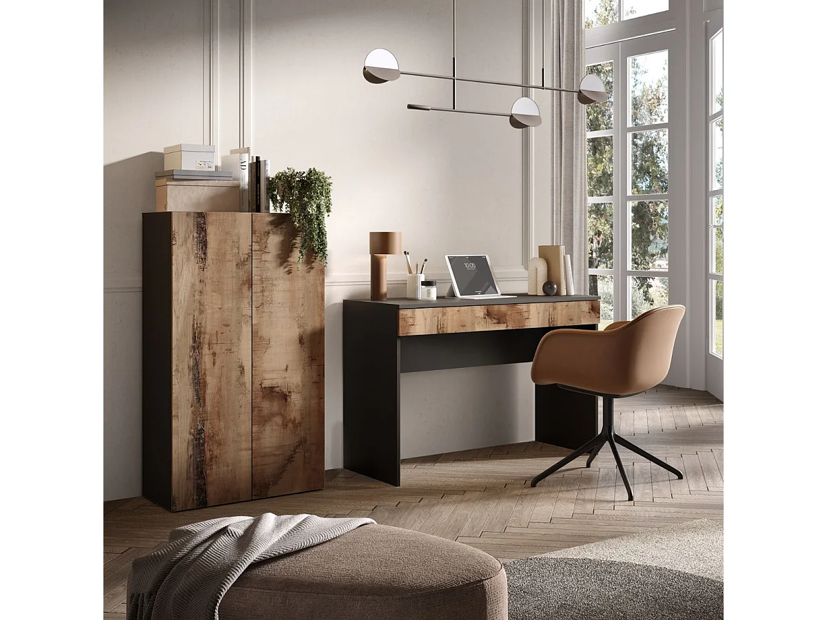 Bureau 110 cm avec un tiroir noir graphite et aspect bois antique - SYNERGIE