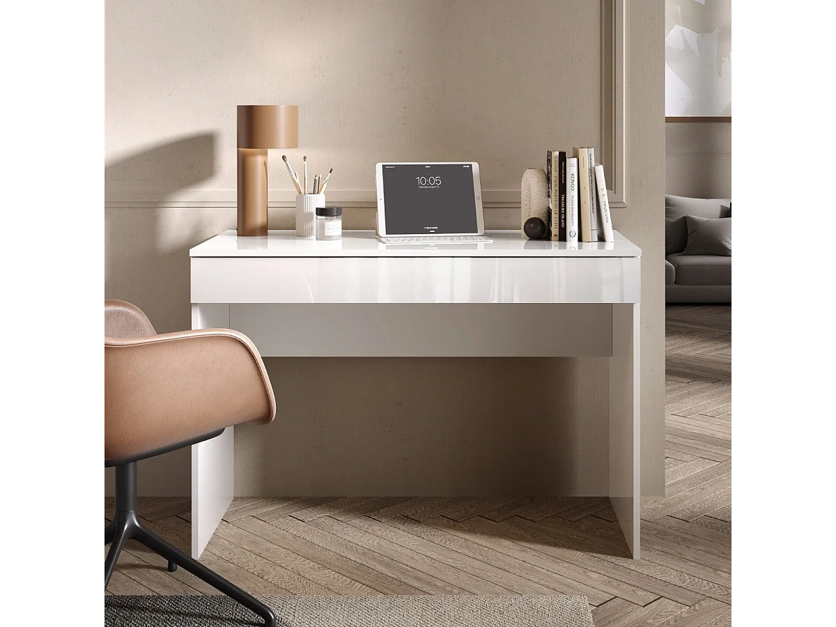 Bureau 110 cm avec un tiroir blanc laqué brillant - SYNERGIE