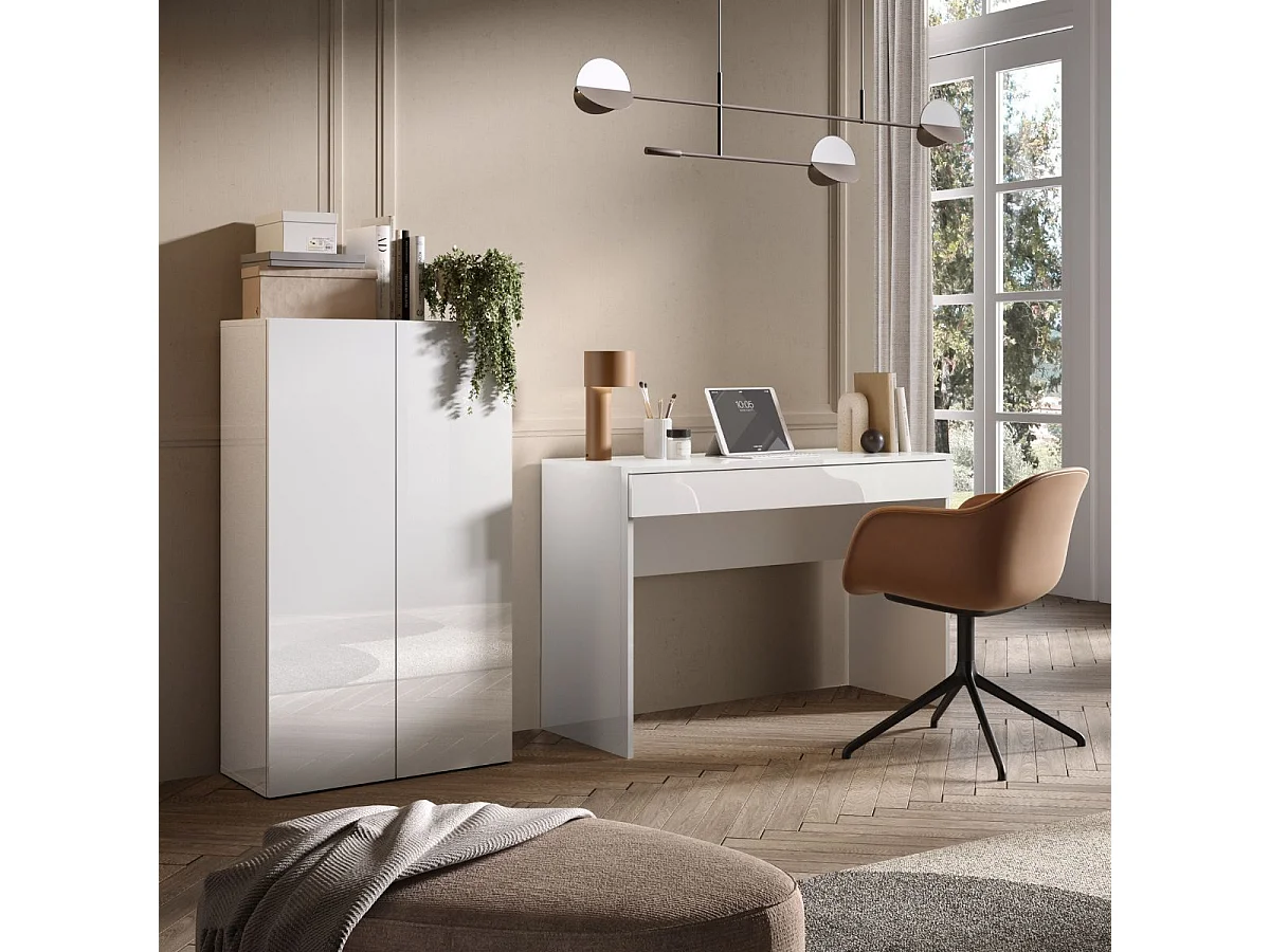 Bureau 110 cm avec un tiroir blanc laqué brillant - SYNERGIE