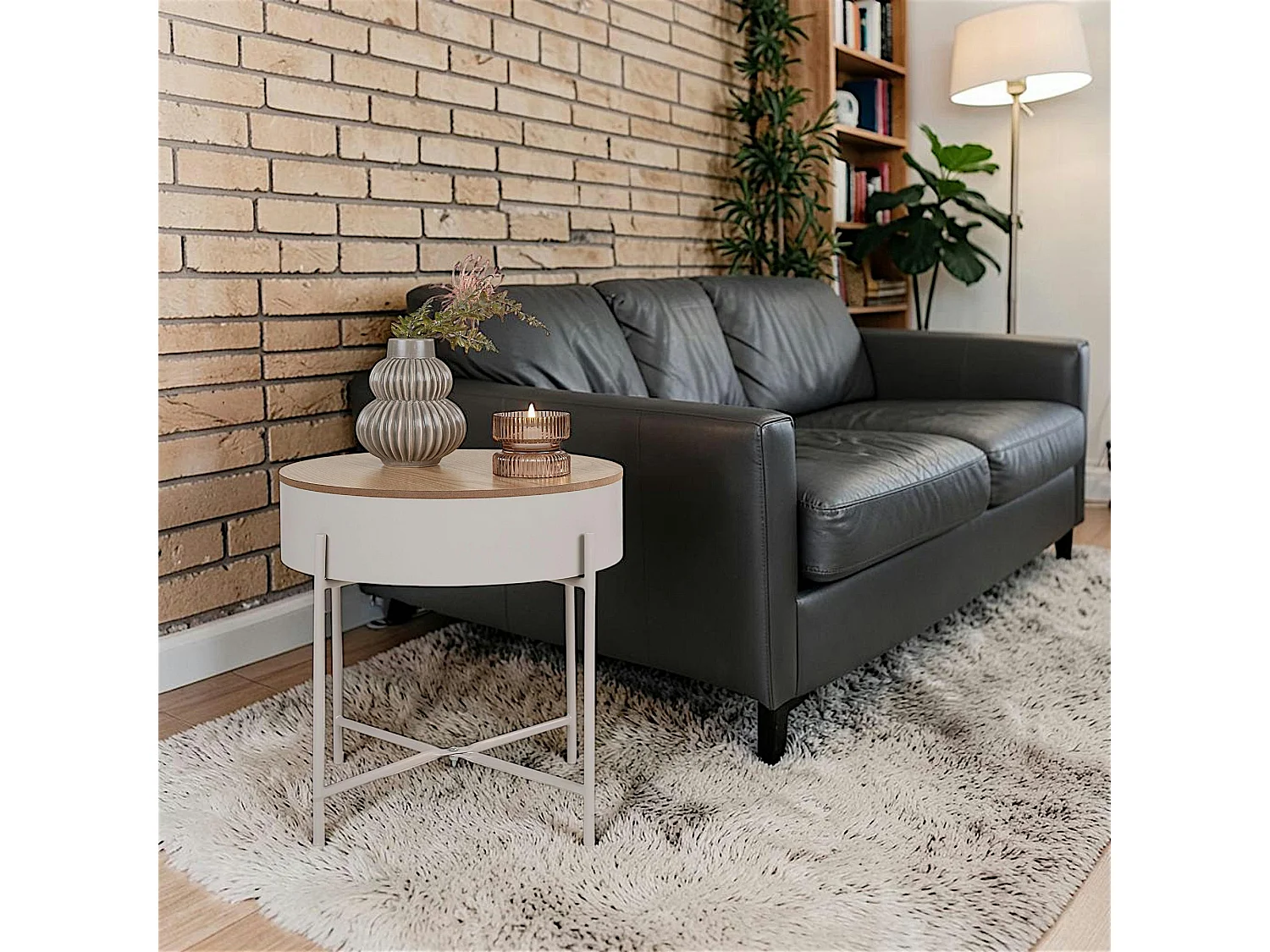 Bout de canapé métal beige plateau effet bois ODENSE