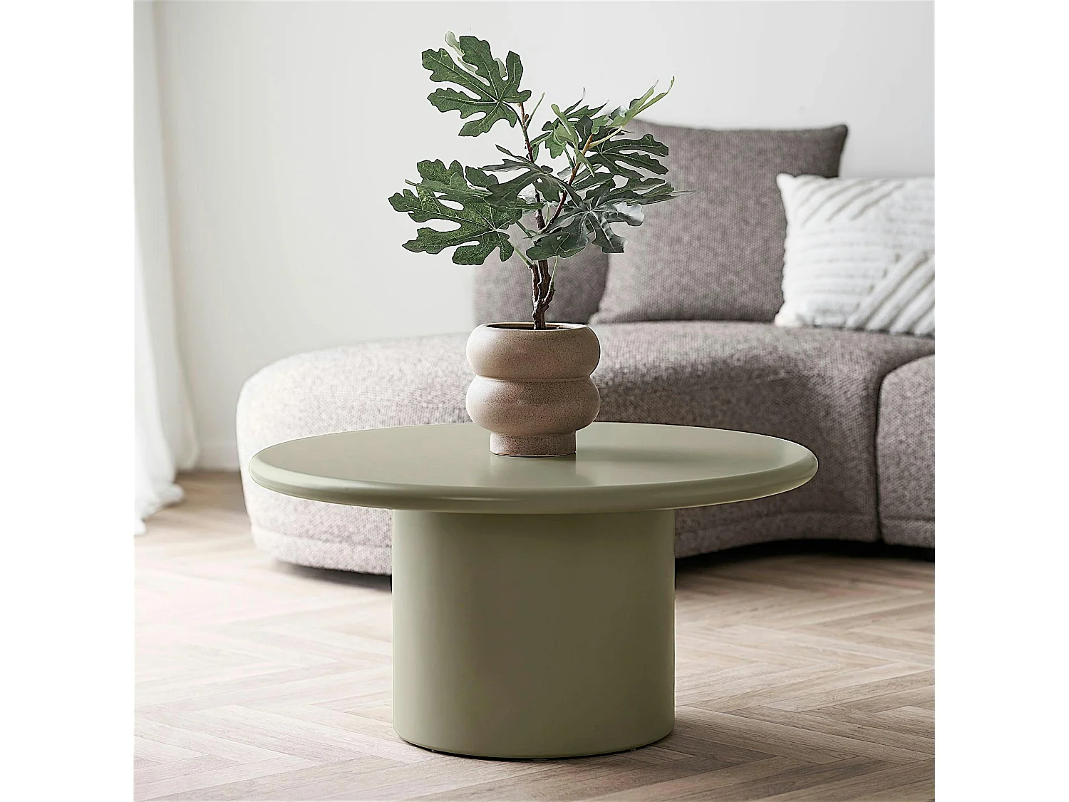 Table basse design vert olive pied colonne TULUM