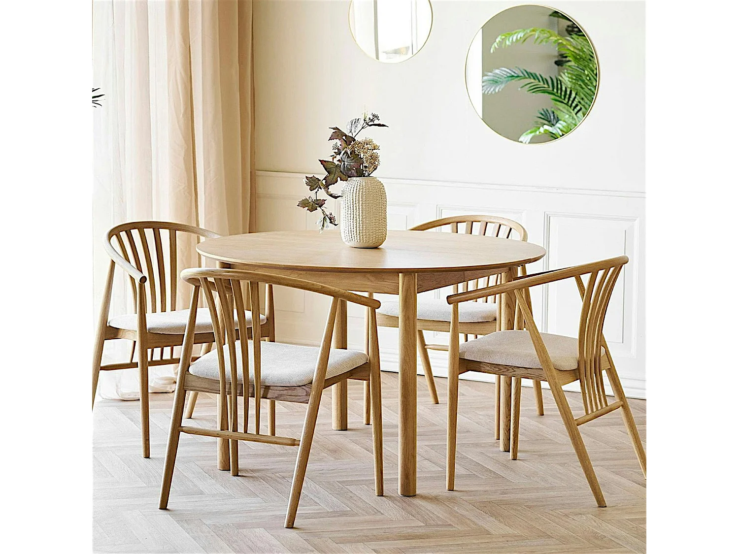 Table ronde placage bois de chêne ø120 + 2 rallonges TARAZ