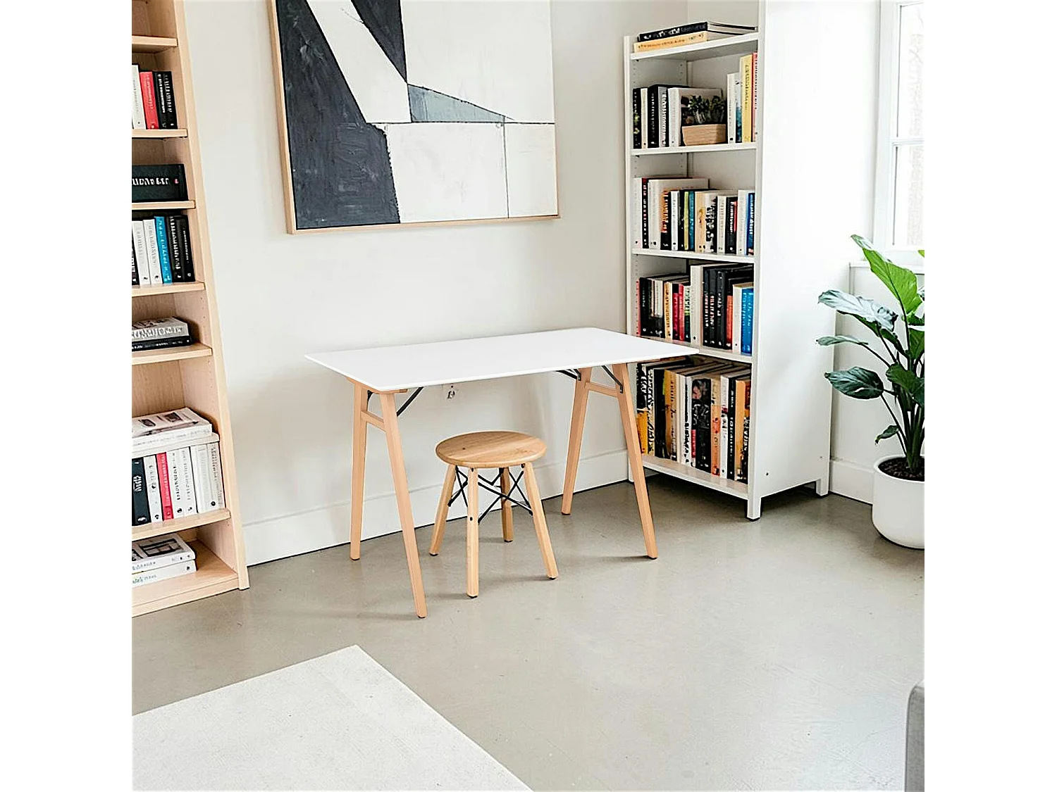 Bureau blanc moderne pieds bois style tréteau 120 cm OTTA