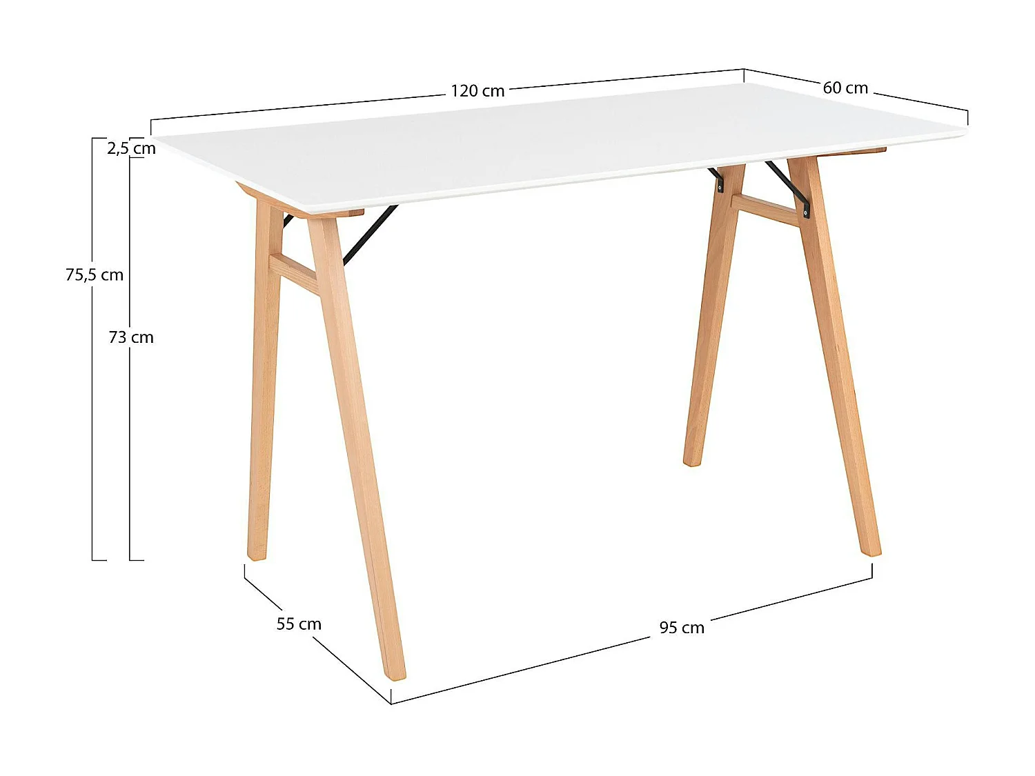Bureau blanc moderne pieds bois style tréteau 120 cm OTTA