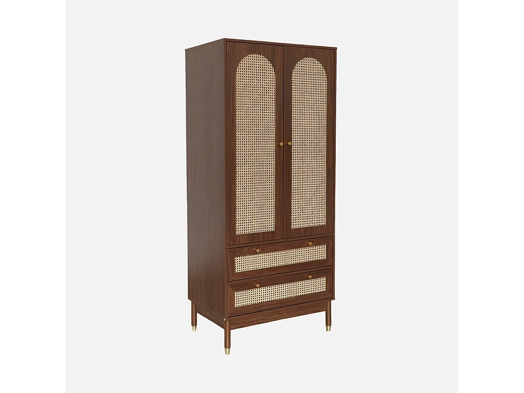 Dressing penderie décor bois noyer et cannage 2 portes. 1 penderie et 2 tiroirs