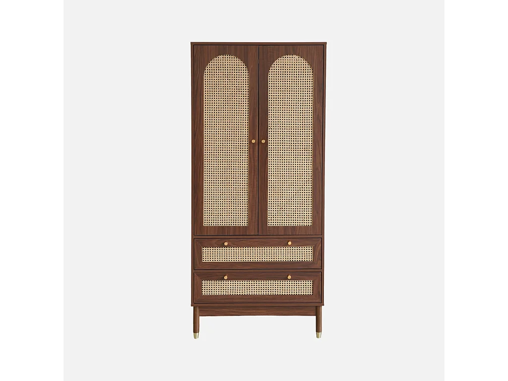 Dressing penderie décor bois noyer et cannage 2 portes. 1 penderie et 2 tiroirs