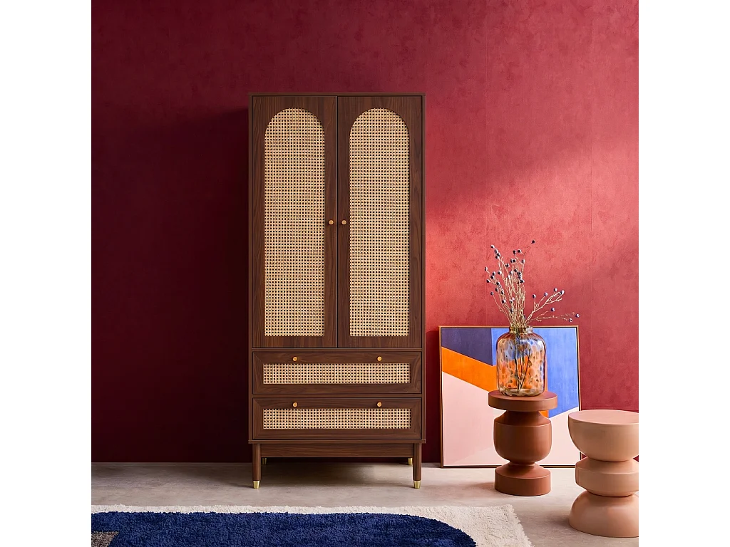 Dressing penderie décor bois noyer et cannage 2 portes. 1 penderie et 2 tiroirs