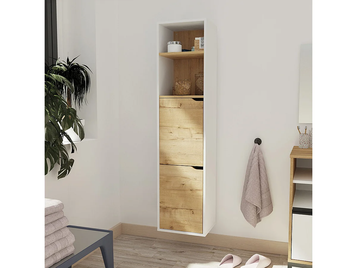 Colonne de salle de bain murale suspendue avec 1 porte coloris Chêne doré/Blanc - Longueur 36,5 x Hauteur 150 x Profondeur 30 cm
