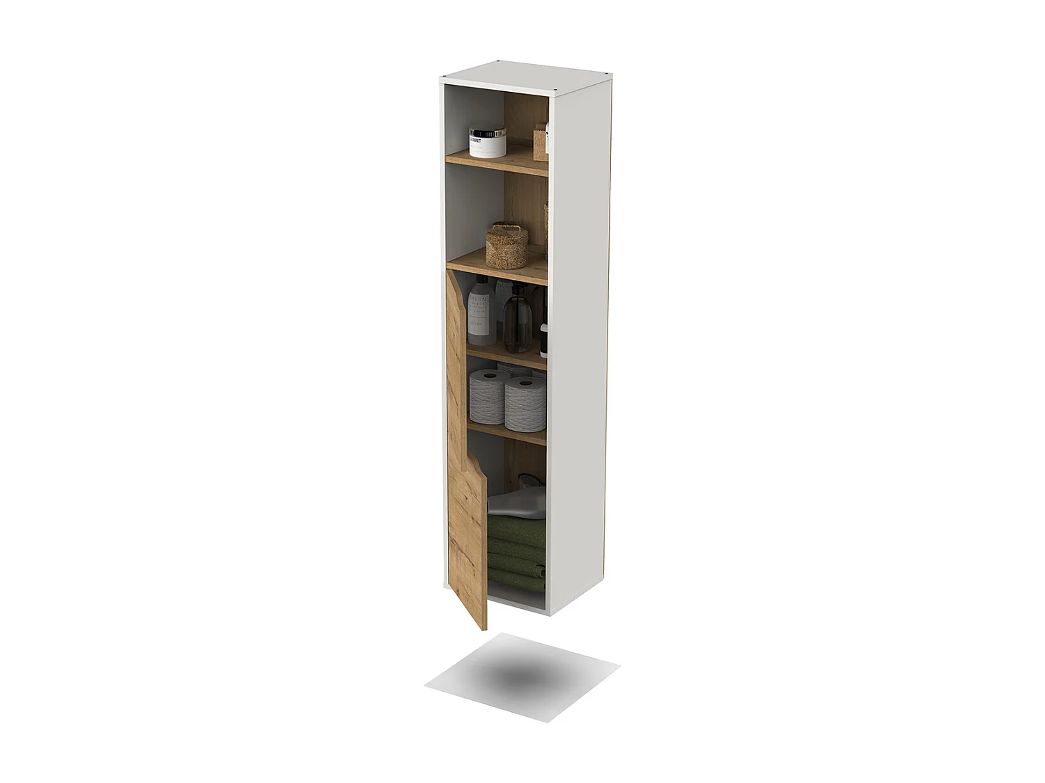 Colonne de salle de bain murale suspendue avec 1 porte coloris Chêne doré/Blanc - Longueur 36,5 x Hauteur 150 x Profondeur 30 cm