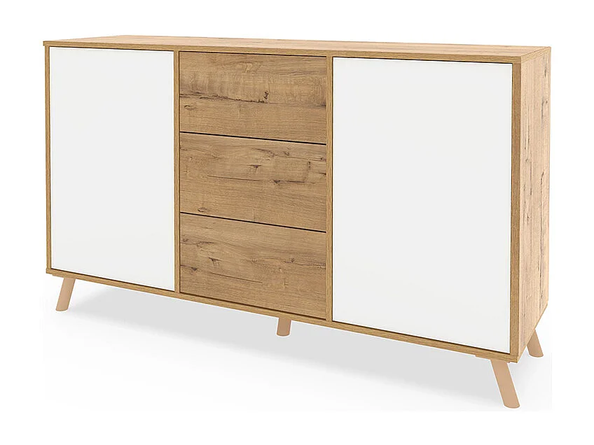 Commode meuble de rangement 2 portes et 3 tiroirs coloris Chêne doré/Blanc - Longueur 140 x Hauteur 89 x Profondeur 40 cm
