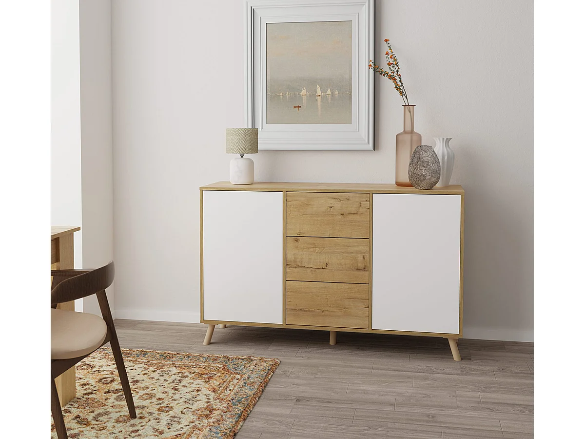 Commode meuble de rangement 2 portes et 3 tiroirs coloris Chêne doré/Blanc - Longueur 140 x Hauteur 89 x Profondeur 40 cm