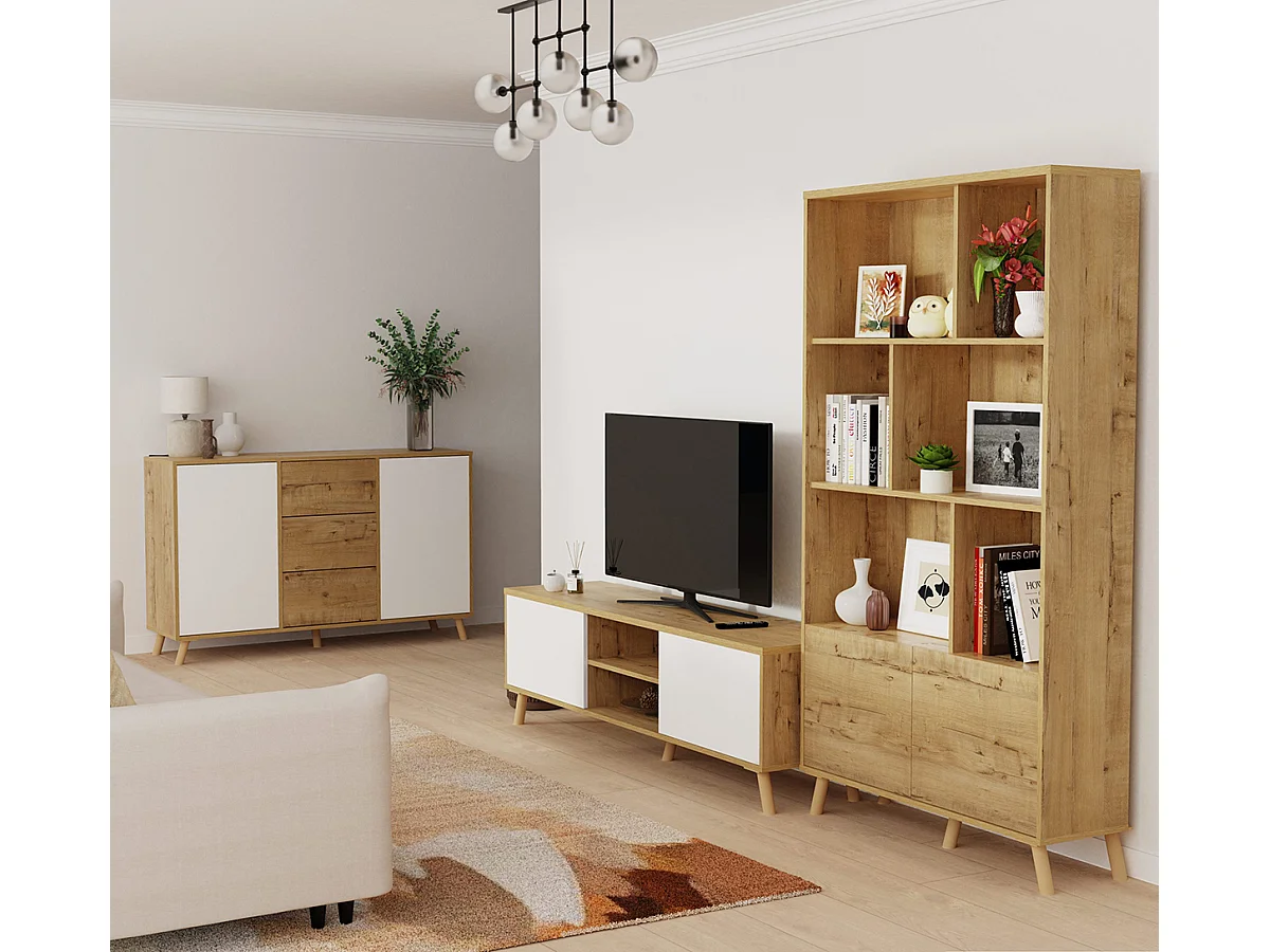 Commode meuble de rangement 2 portes et 3 tiroirs coloris Chêne doré/Blanc - Longueur 140 x Hauteur 89 x Profondeur 40 cm