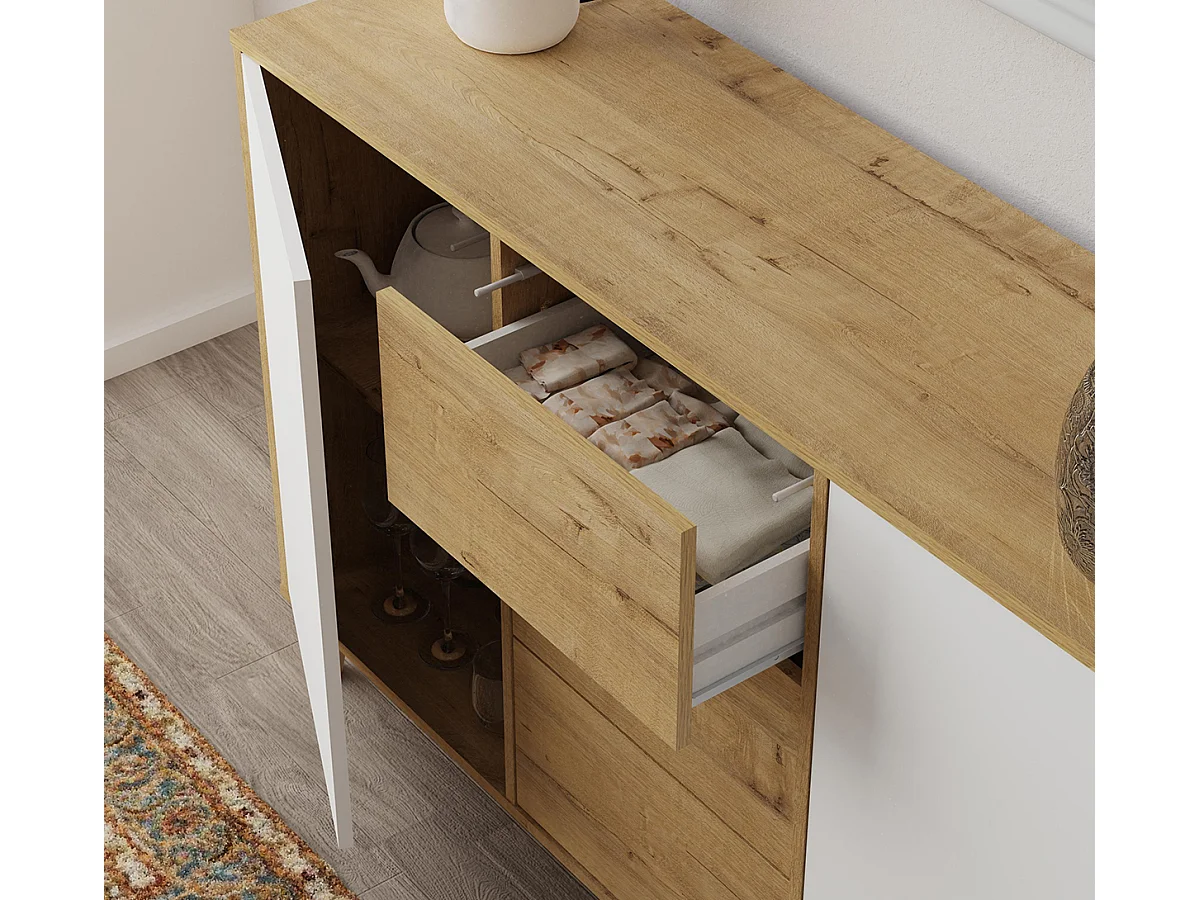 Commode meuble de rangement 2 portes et 3 tiroirs coloris Chêne doré/Blanc - Longueur 140 x Hauteur 89 x Profondeur 40 cm