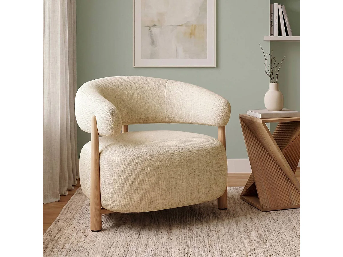 Fauteuil en tissu écru et pieds en métal effet bois Anelia