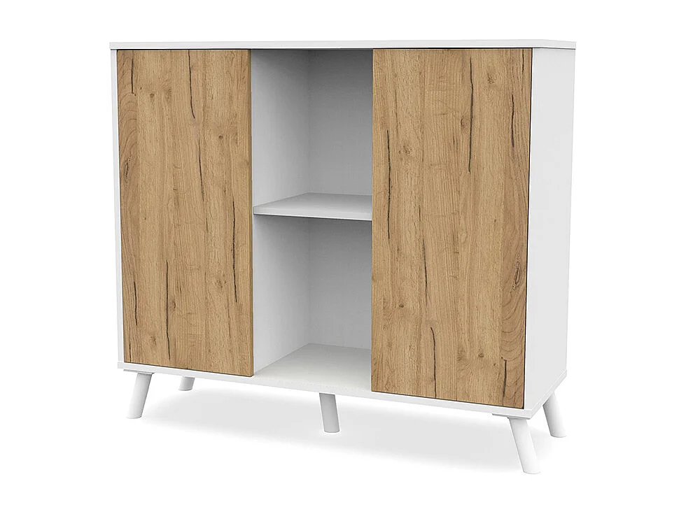Buffet meuble de rangement à 2 portes et 2 niches centrales coloris Blanc/chêne - Longueur 100 x Hauteur 90 x Profondeur 35 cm