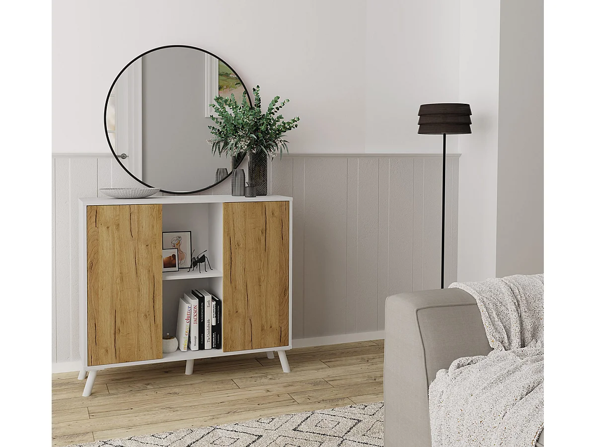 Buffet meuble de rangement à 2 portes et 2 niches centrales coloris Blanc/chêne - Longueur 100 x Hauteur 90 x Profondeur 35 cm