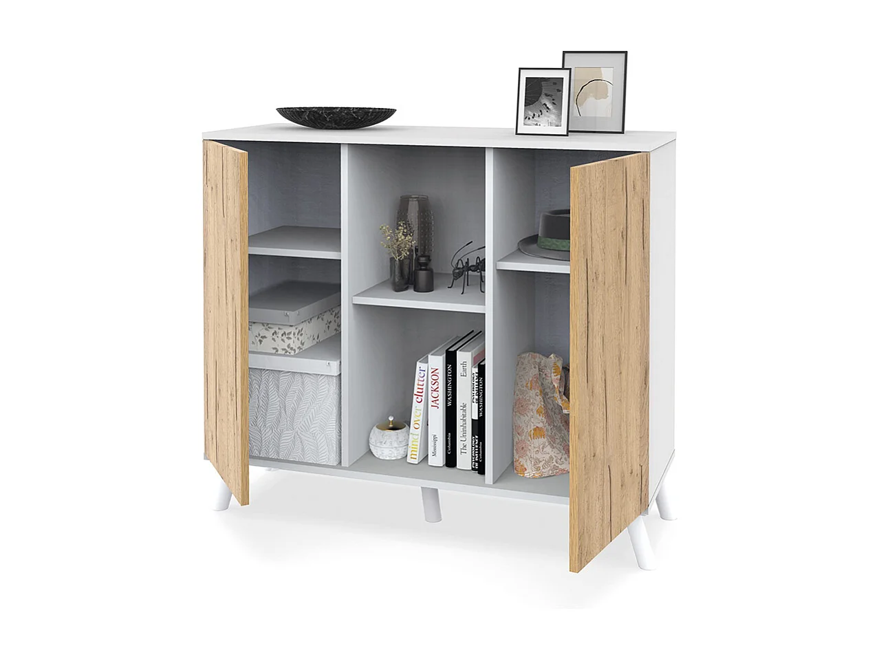 Buffet meuble de rangement à 2 portes et 2 niches centrales coloris Blanc/chêne - Longueur 100 x Hauteur 90 x Profondeur 35 cm