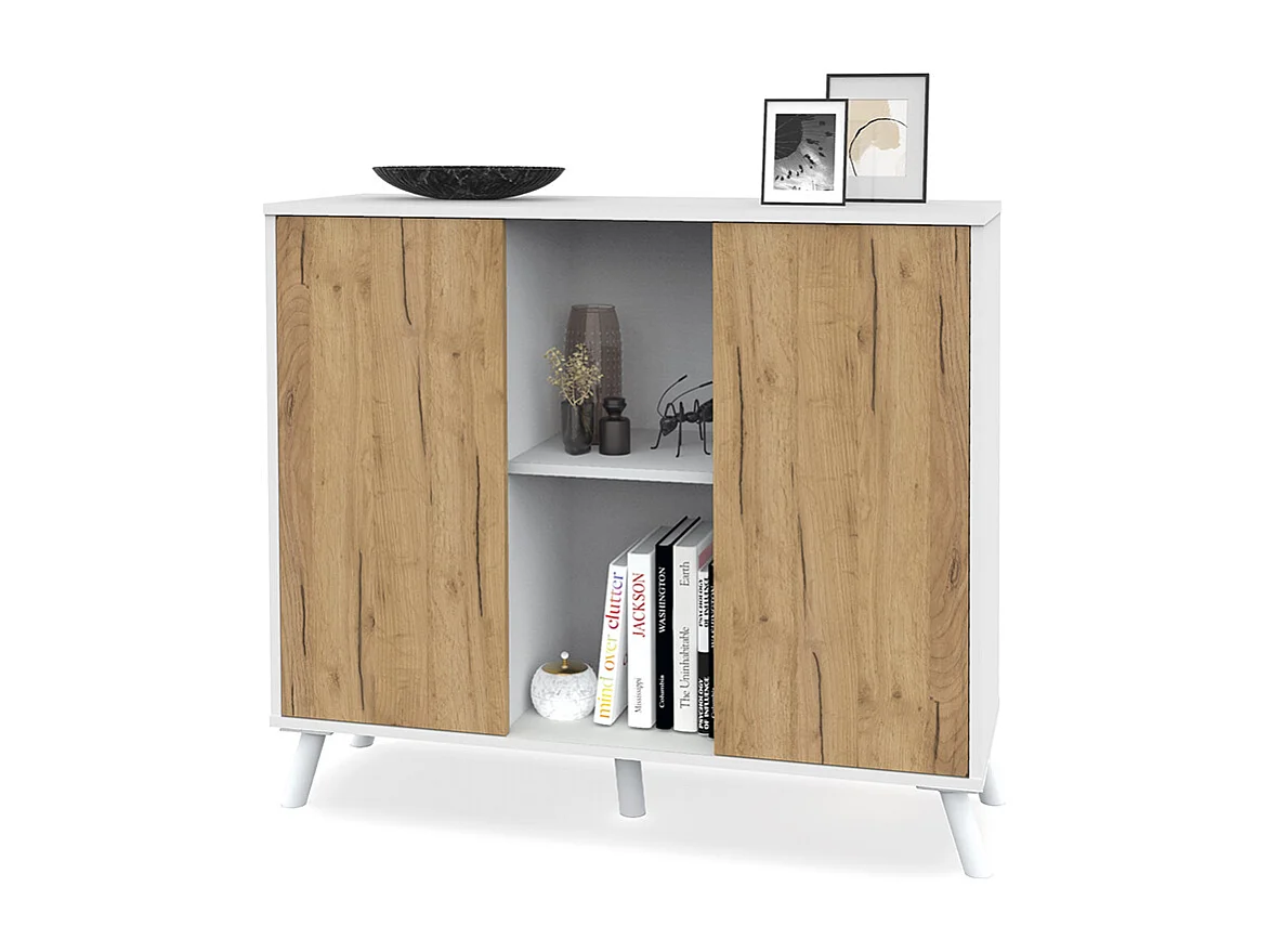 Buffet meuble de rangement à 2 portes et 2 niches centrales coloris Blanc/chêne - Longueur 100 x Hauteur 90 x Profondeur 35 cm