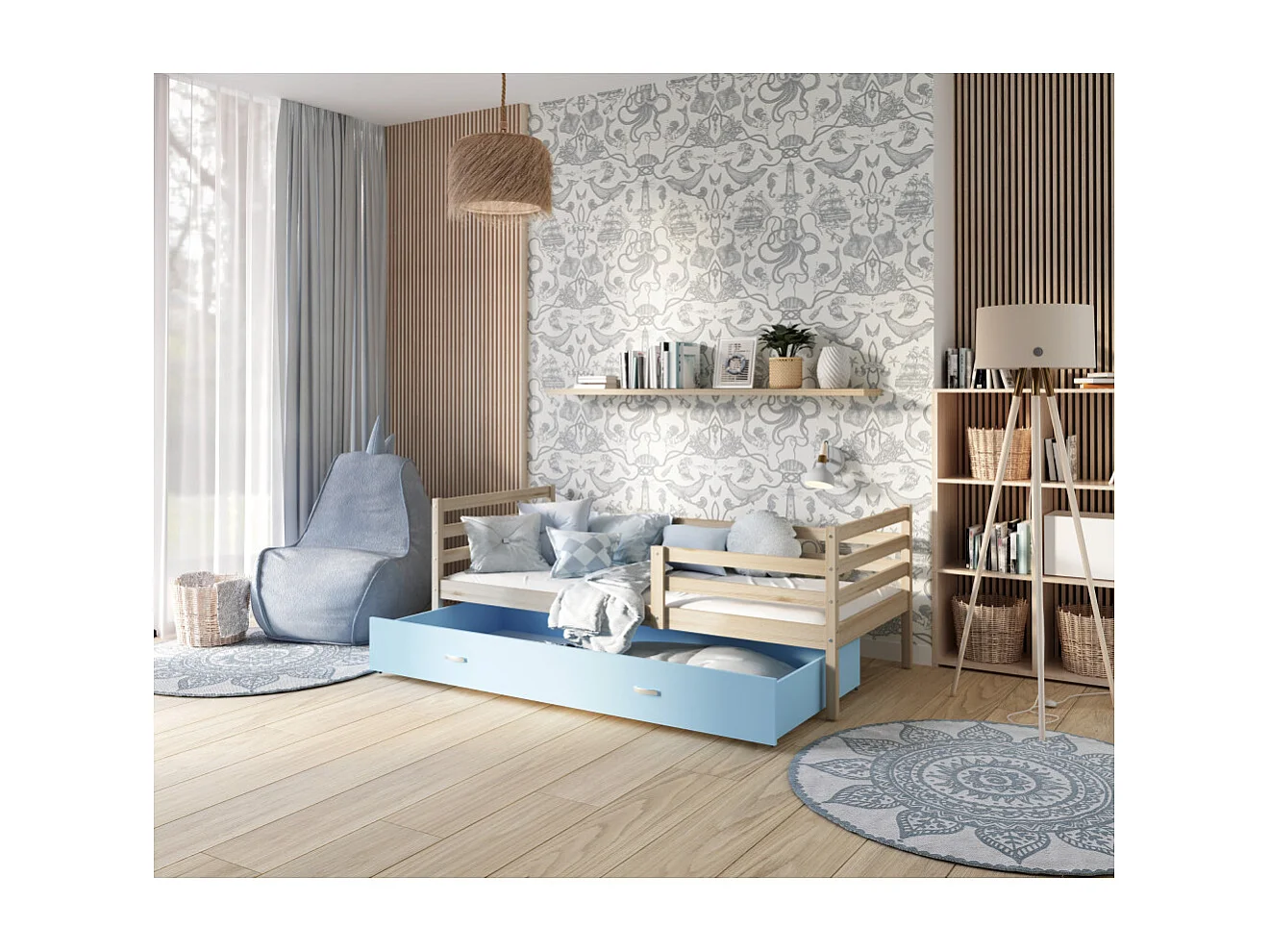 Lit Enfant Milan 90x190 tiroir Pin - bleu