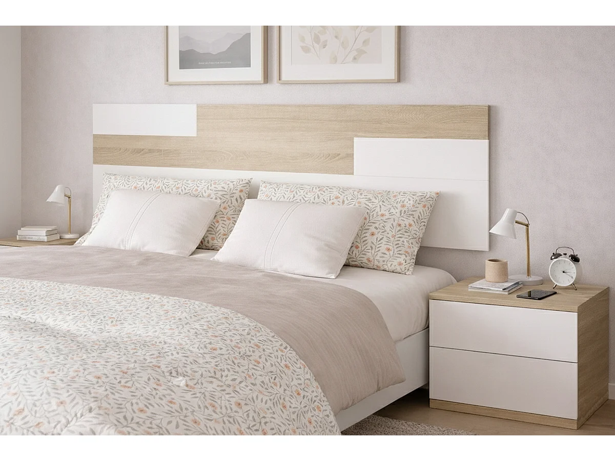 Tête de lit avec 2 chevets chambre à coucher coloris Chêne cambrian / Blanc - Longueur 270 x Hauteur 94 x Profondeur 34 cm