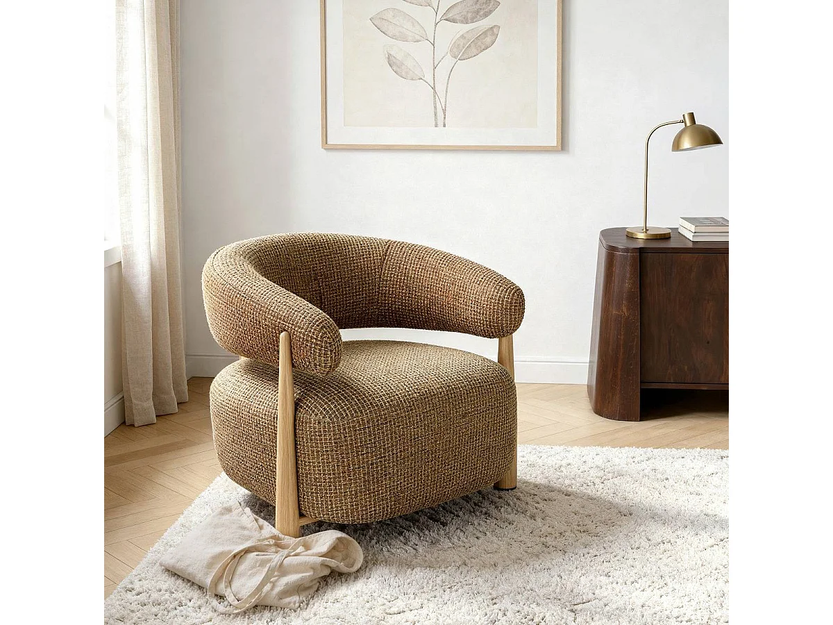 Fauteuil en tissu marron clair et pieds en métal effet bois Anelia