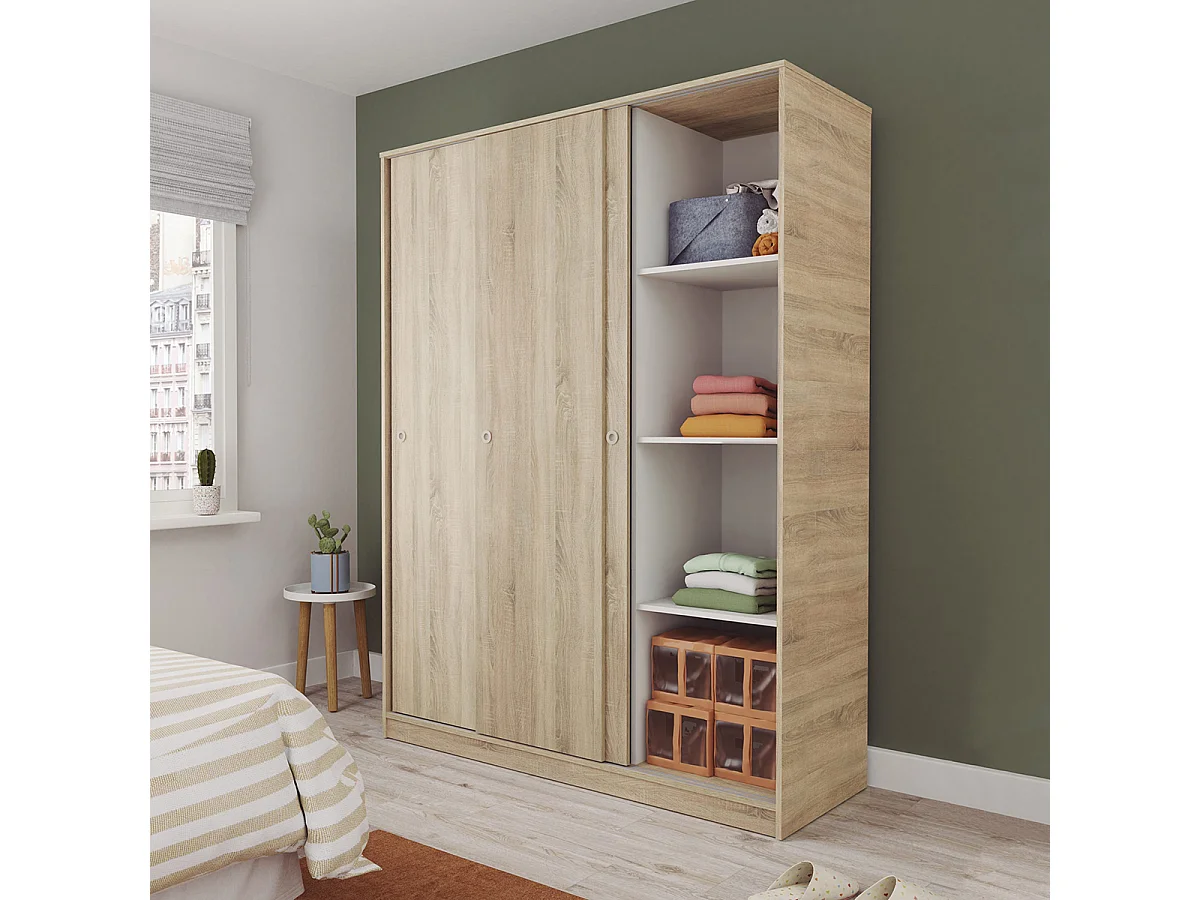Armoire Placard à 3 portes coulissantes coloris Chêne cambrian - Longueur 150 x Hauteur 200 x Profondeur 55 cm