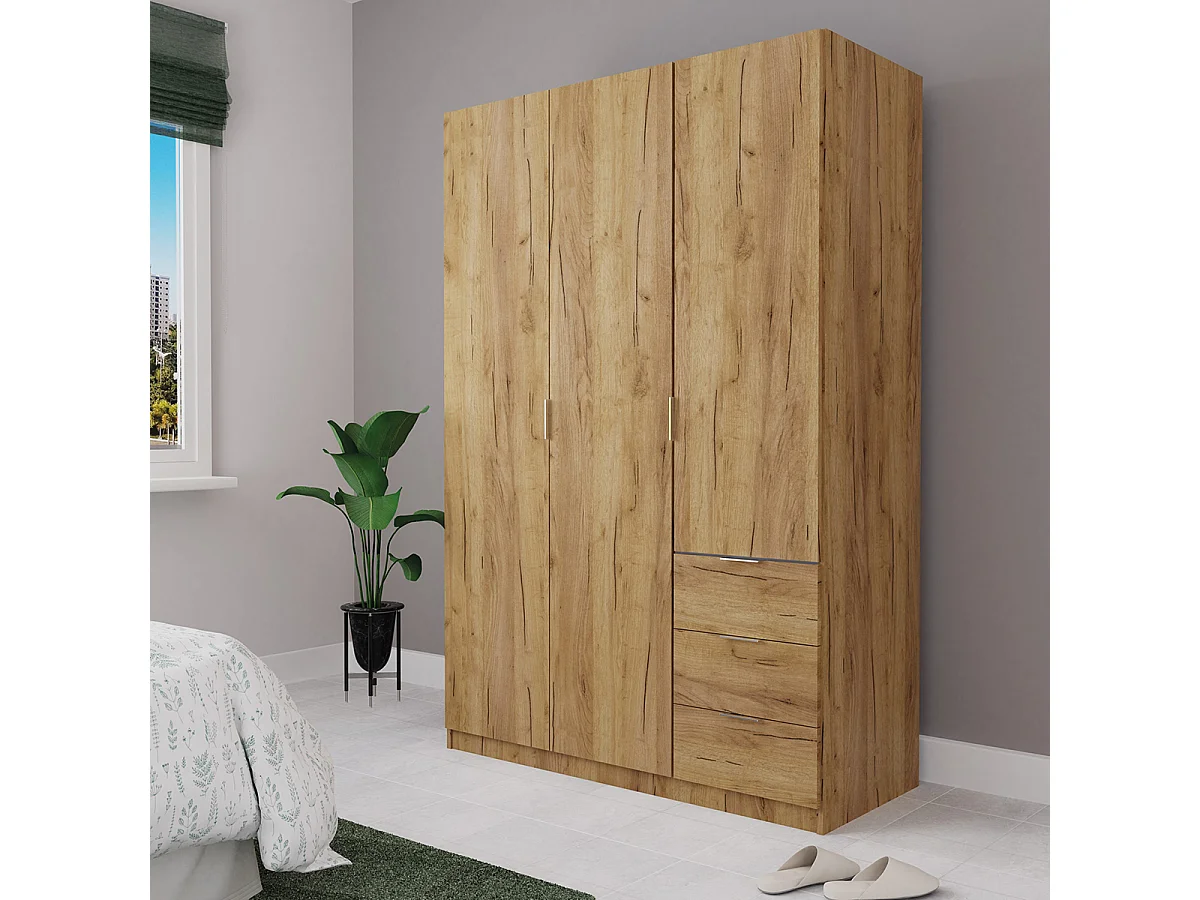 Armoire Placard à 3 portes et 3 tiroirs coloris Chêne - Longueur 120 x Hauteur 180 x Profondeur 50 cm