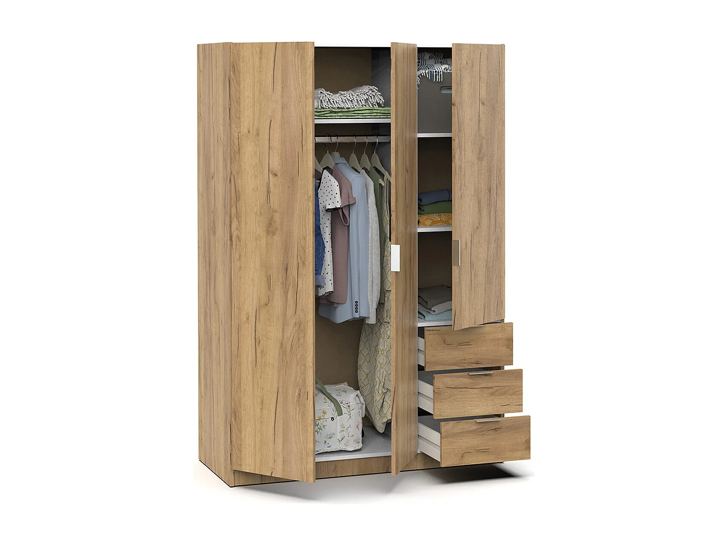 Armoire Placard à 3 portes et 3 tiroirs coloris Chêne - Longueur 120 x Hauteur 180 x Profondeur 50 cm