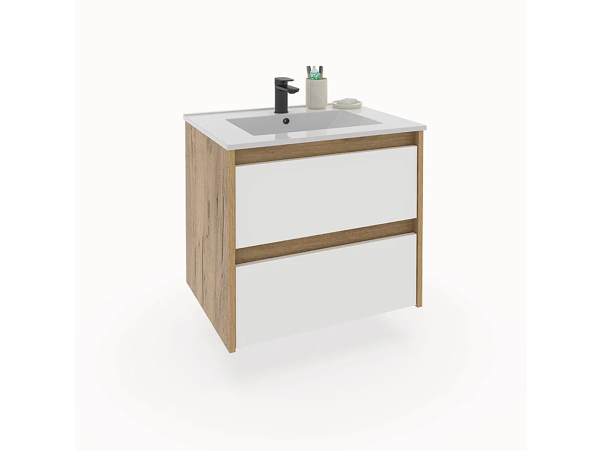 Meuble sous-vasque suspendu à 2 tiroirs (sans lavabo) coloris Blanc/Chêne - Longueur 60 x Hauteur 59,5 x Profondeur 45,5 cm