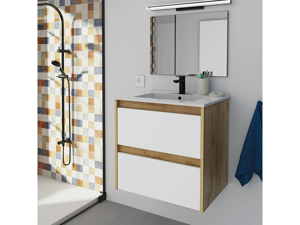 Meuble sous-vasque suspendu à 2 tiroirs (sans lavabo) coloris Blanc/Chêne - Longueur 60 x Hauteur 59,5 x Profondeur 45,5 cm