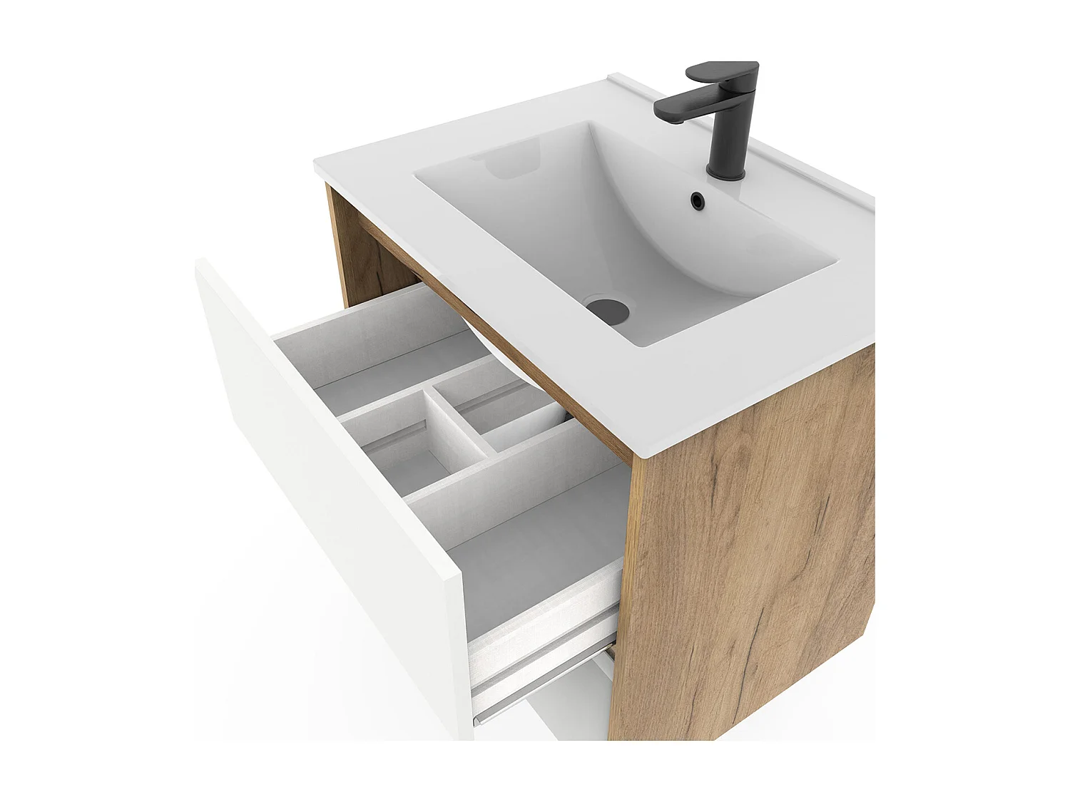 Meuble sous-vasque suspendu à 2 tiroirs (sans lavabo) coloris Blanc/Chêne - Longueur 60 x Hauteur 59,5 x Profondeur 45,5 cm