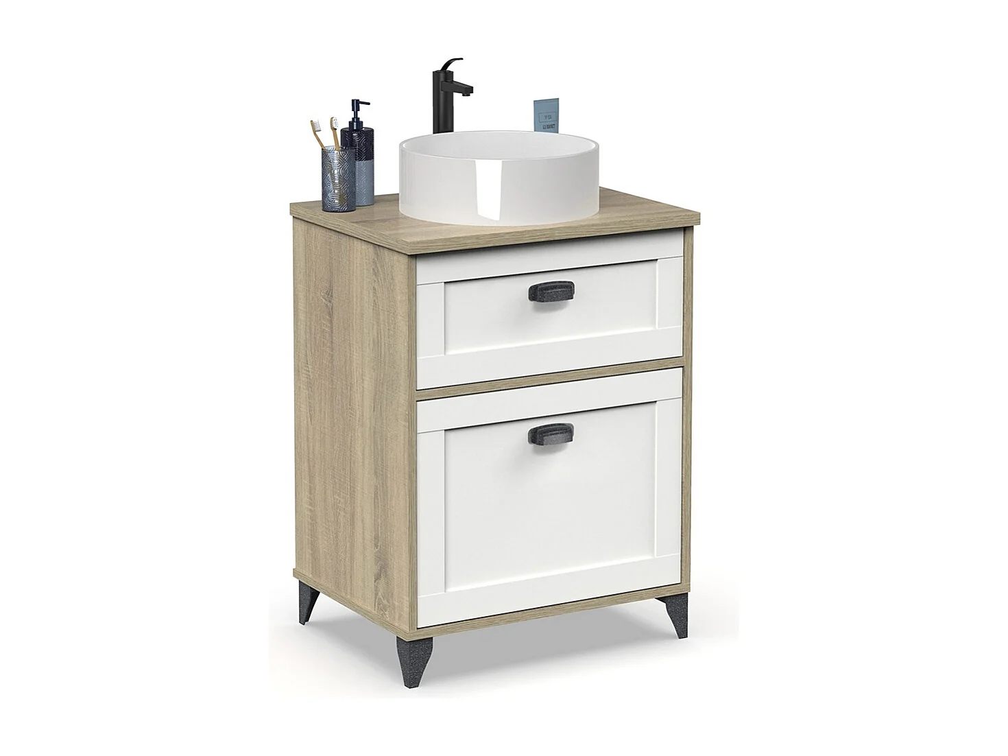 Meuble vasque de salle de bain sur pieds avec Lavabo 1 tiroir et 1 porte  coloris Chêne cambrian/Blanc - Longueur 61 x Hauteur 91 x Profondeur 47 cm